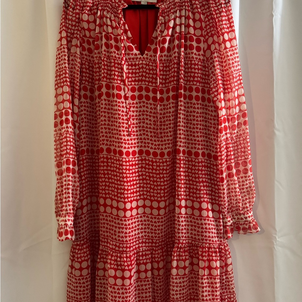 LOFT Red and White Geometric Long Sleeve Dress